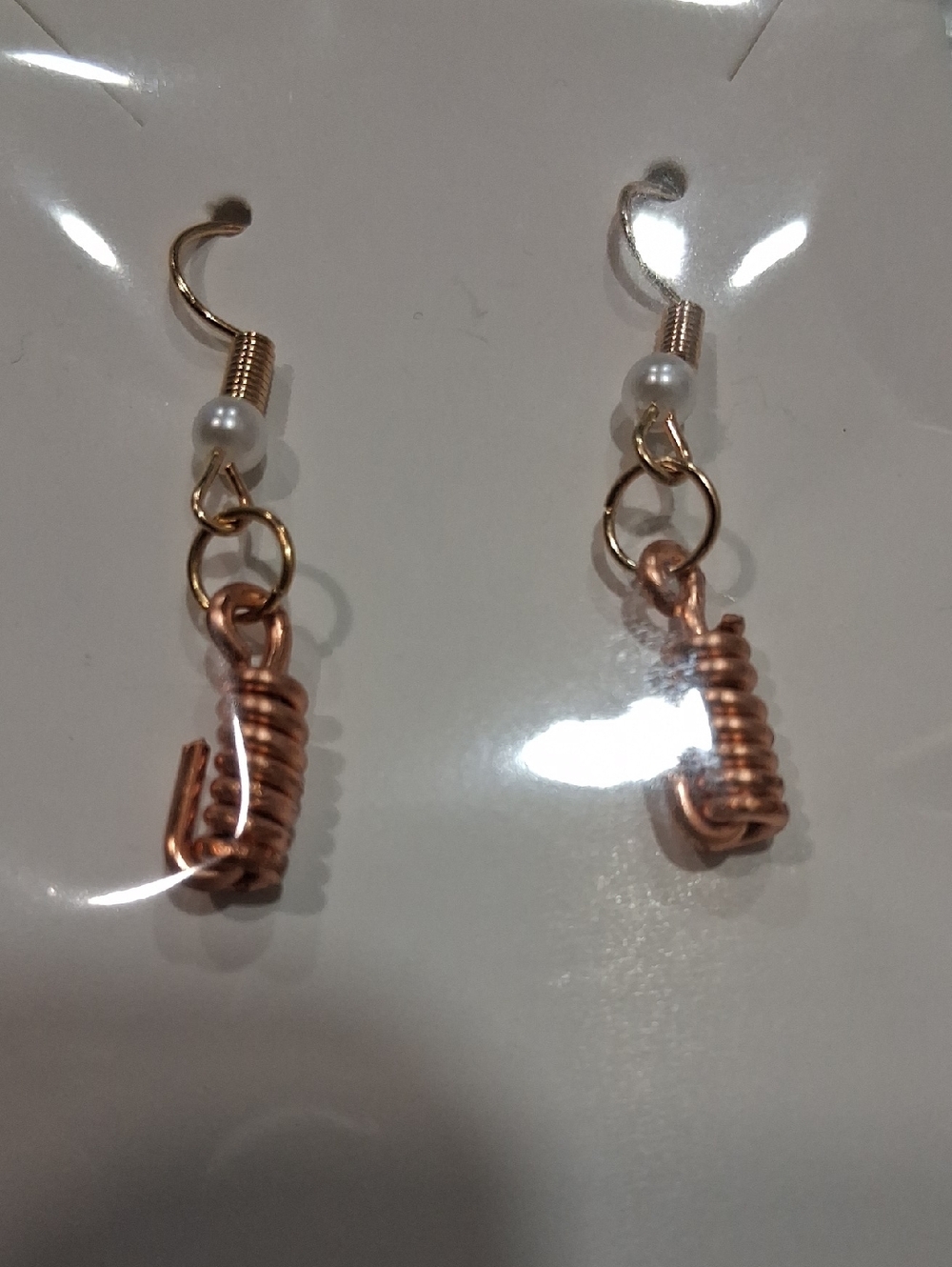 Handmade Copper Wire Coil Dangle Earrings with Pearl Accent